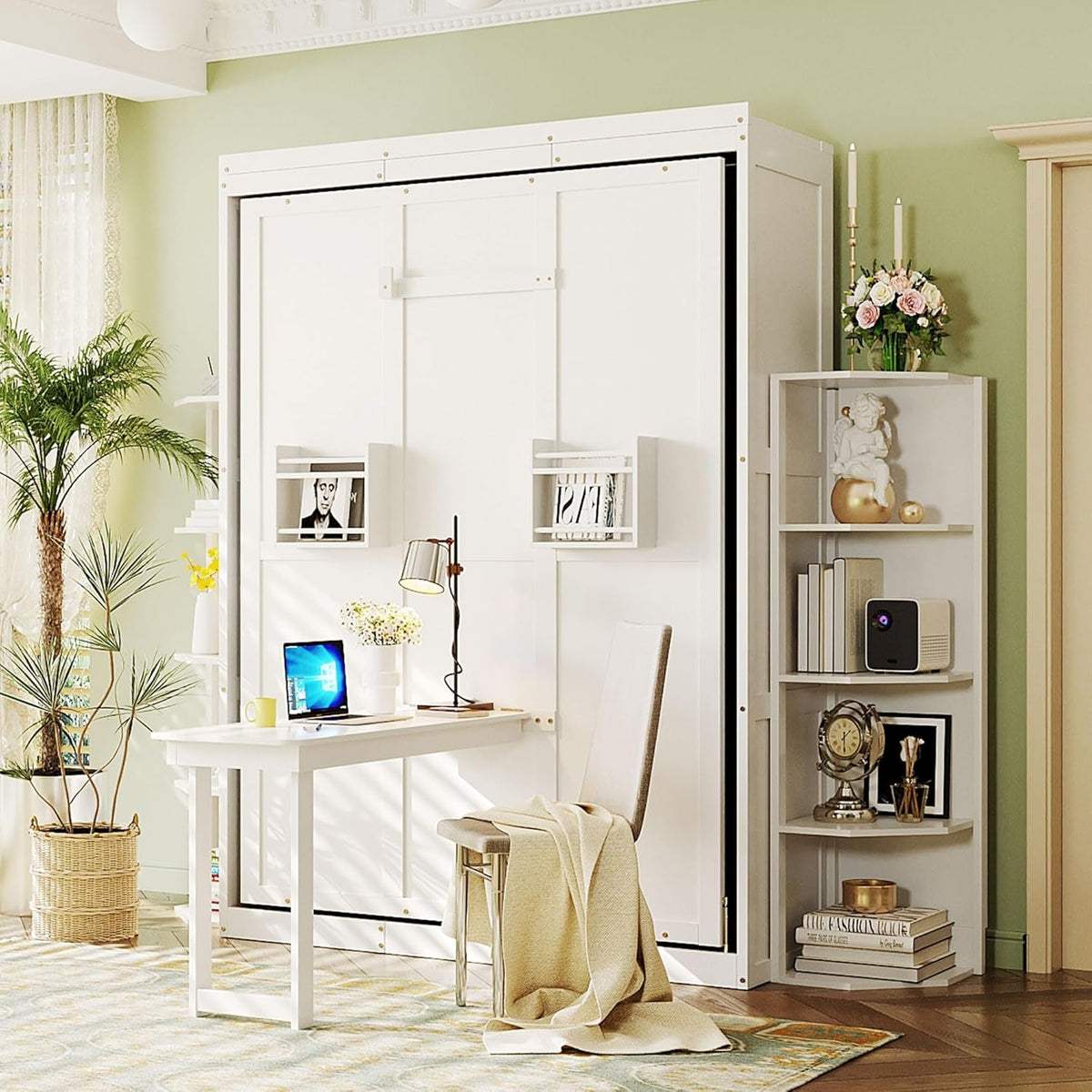 rotating-queen-murphy-bed-with-hidden-wall-cabinet-dual-3-tier-side-shelves-convertible-desk-white