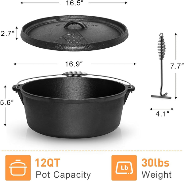 Camping Dutch Oven,12 Qt Pre-Seasoned Cast Iron Camp Dutch Oven Pot with Lid - Lid Lifter, Cast Iron Dutch Oven with Metal Handle for Cooking BBQ Baking Campfire Modern Black2