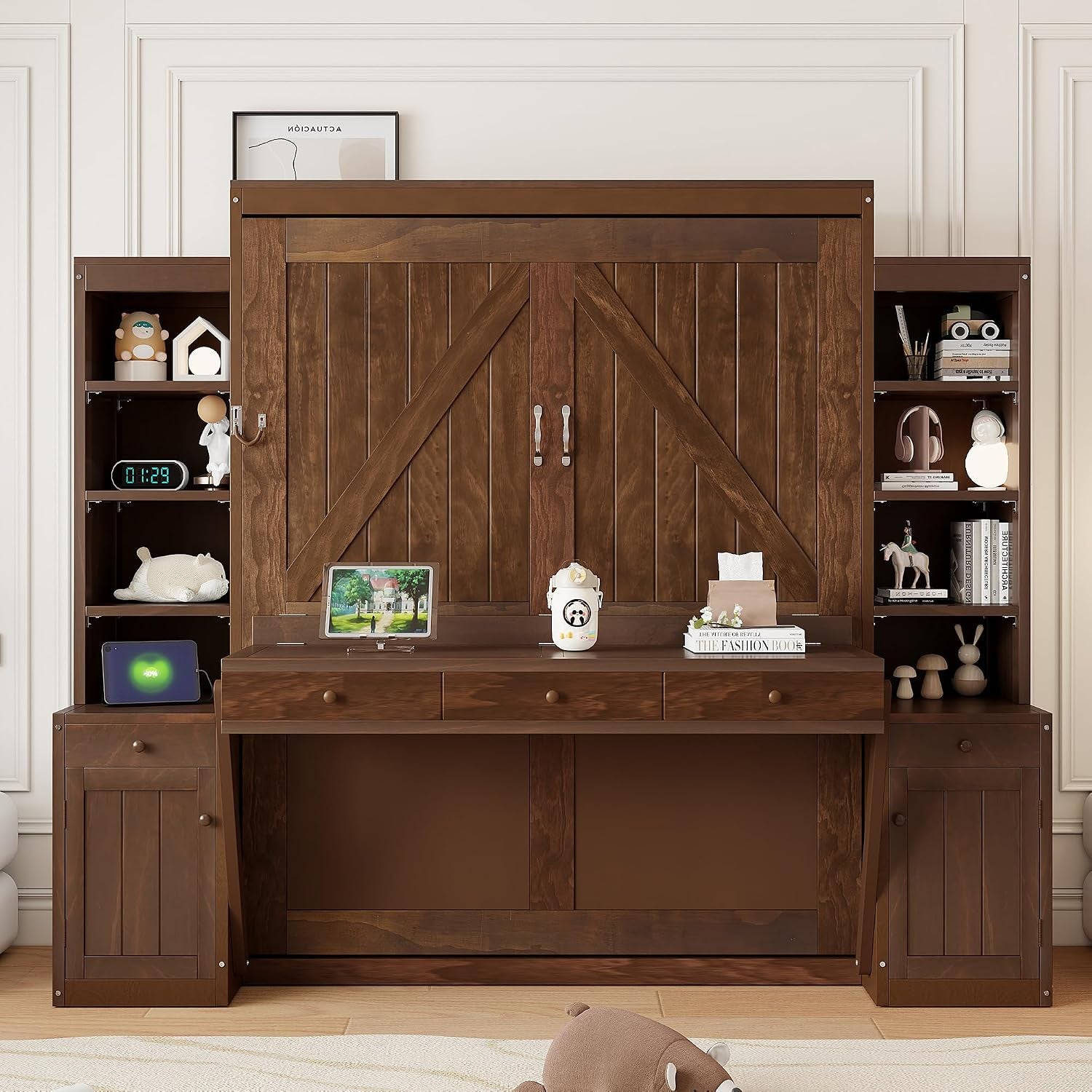 queen-size-murphy-bed-with-2-led-lights-desk-storage-space-saving-wood-wall-bed-with-cabinets-drawers-dark-brown