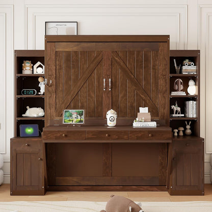 Queen Size Murphy Bed with 2 LED Lights,Desk & Storage, Space-Saving Wood Wall Bed with Cabinets & Drawers, Dark Brown1