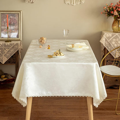 Textured Tablecloth Waterproof Spillproof Lace Trim Rectangle Jacquard Fabric Table Cloth, Kitchen Dinning Tabletop Decoration, round Table Cover for Outdoor Use 55 X 70 Inch, Ivory White5
