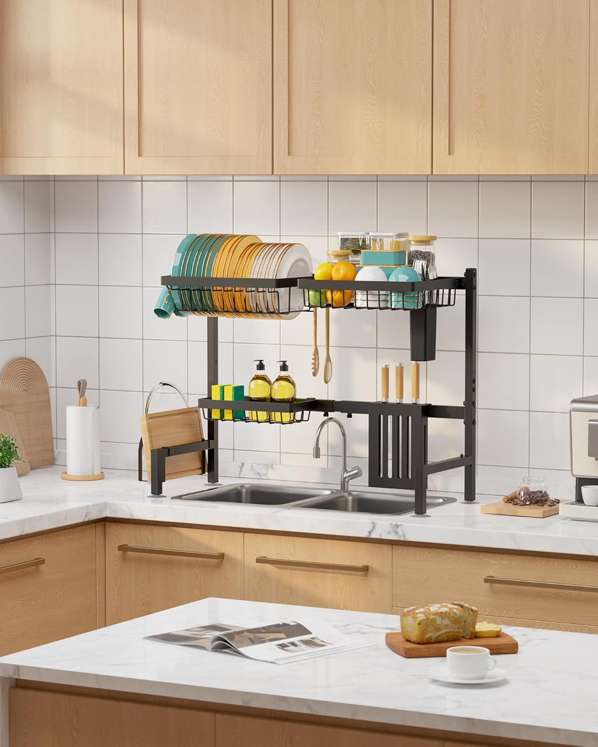 over-the-sink-dish-drying-rack-adjustable-2-tier-large-capacity-stainless-steel-drainer-with-cutlery-utensil-holders-kitchen-storage-organization-30-33-9-l-x-11-w-x-21-5-h-black