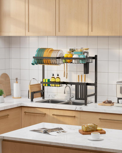 over the Sink Dish Drying Rack - Adjustable 2 Tier Large Capacity Stainless Steel Drainer with Cutlery & Utensil Holders, Kitchen Storage & Organization, 30"-33.9" L X 11" W X 21.5" H, Black8