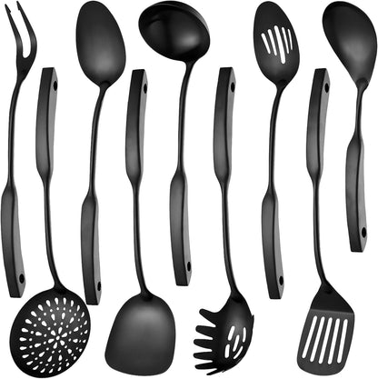 Kitchen Utensil Set, 9-Piece Cooking Utensil Set,Include 304 Stainless Steel Spatula Skimmer, Soup Ladle, Spaghetti Server,Slotted & Solid Spoon, Slotted Spatula Turner, Meat Fork(Black）1