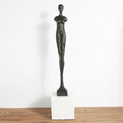 Giacometti Style Standing Man & Woman Abstract Armless Sculpture – Handcrafted Metal Art Statue with Marble Base – Modern Home Decor & Collector’S Gift (18.5" Female Bronze)1