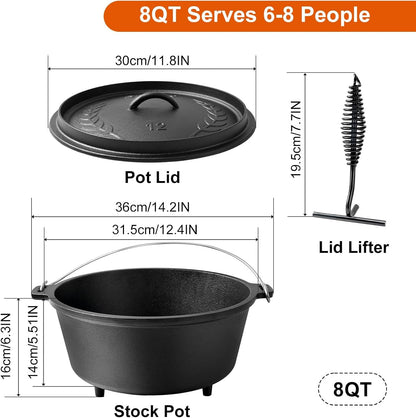 Pre-Seasoned 8QT Large Cast Iron Camping Dutch Oven Pot with Lid | Heavy- Duty Camping Cookware Incl. Lid Lifter - Dual Handles - for Outdoor Campfire, Grill, Oven & Stovetop Cooking Black2
