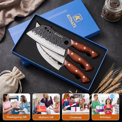 3PCS Butcher Knife Set, Razor Sharp Hand Forged Meat Cleaver & Boning Knives for Meat & Bone Cutting, Kitchen Knives for Cooking BBQ, Gift for Men & Women7