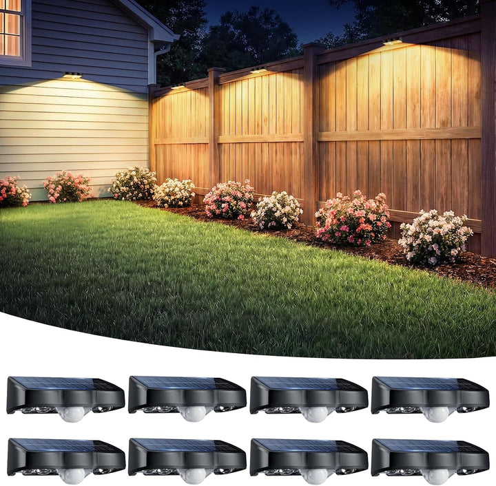 Solar Fence Lights Outdoor with Motion Sensor, 8 Pack Warm White Fence Lights Solar Powered 3 Modes IP65 Waterproof Dusk to Dawn Outdoor Lights for Patio Deck Wall Backyard Garden Decorative