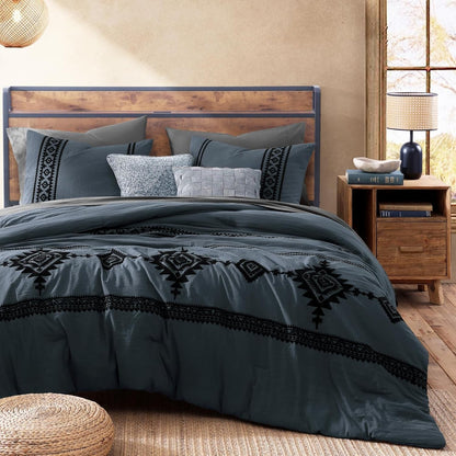 Embroidery Queen Comforter Set 7 Pieces Blue Grey Bed in a Bag8