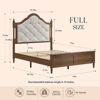 57" Tall Full Size Wood Bed Frame with Upholstered Headboard, Brown2