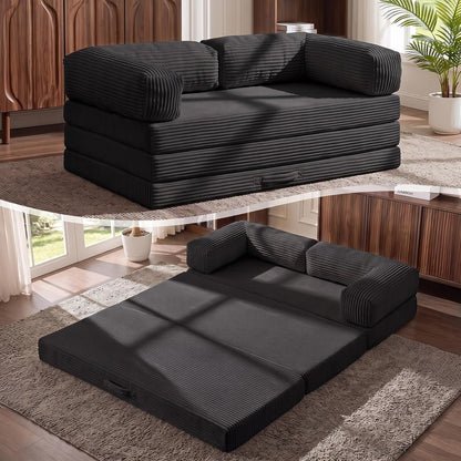 5-In-1 Convertible Sofa Bed,60" Boneless Couch with Pull Out Bed,Tri-Folding Corduroy Floor Mattress with Removable L-Shaped Armrests & Handle,Futon Sleeper for Small Spaces,Apartments & Bedrooms1