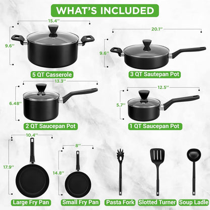 13-Piece Nonstick Cookware - Heat Resistant Kitchen Ware Set W/Saucepan, Frying Pans, Cooking Pots, Casserole, Lids, Ladle, Fork, Strainer - NCCWA13, Black3