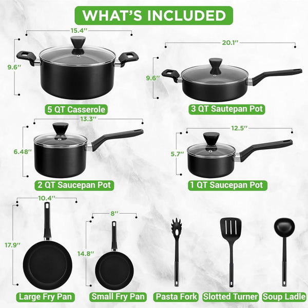 13-Piece Nonstick Cookware - Heat Resistant Kitchen Ware Set W/Saucepan, Frying Pans, Cooking Pots, Casserole, Lids, Ladle, Fork, Strainer - NCCWA13, Black3