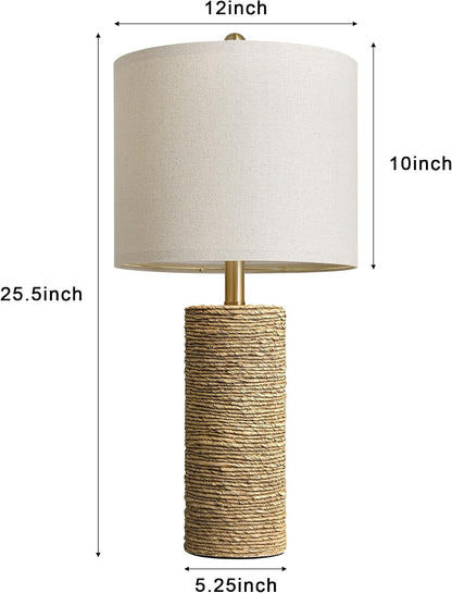 Boho Lamps Set of 2, 25.5" Coastal Farmhouse Bedside Lamps, Resin Woven Rattan-Look Nightstand Lamps with Linen Shade & Rotary Switch for Bedroom Living Room Home Decor3