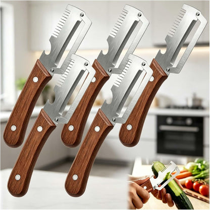 Premium Vegetable Peeler with Wooden Handle and Bottle Opener, Multi-Functional Vegetable Peeler for Fruit Pumpkin Peeling Potato and Other Vegetables or Fruits (5Pcs)1