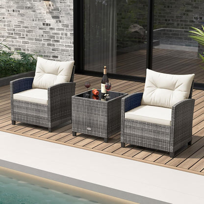 3 Piece Patio Furniture Set, Outdoor PE Rattan Conversation Set with Washable Cushions & Tempered Glass Tabletop, Wicker Chairs and Table Set for Porch, Garden, Balcony (White)2