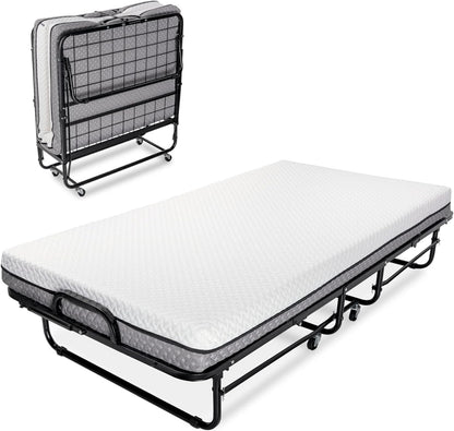 Deluxe Diplomat Folding Bed with Mattress for Adults, Twin Size, Portable Foldable Bed with Luxurious Memory Foam Mattress & Super Strong Frame, 75” X 38", Fold Up, Roll Away, & Hideaway1