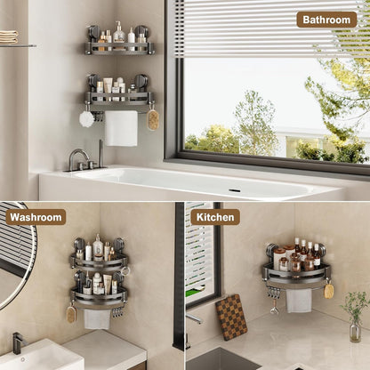 Corner Shower Caddy Suction Cup, 2 Pack Shower Shelves No Drilling, Showers Organizer Storage with Towel Bar & Removable Hooks, Bathroom Shower Shelf Rack for inside Showers7