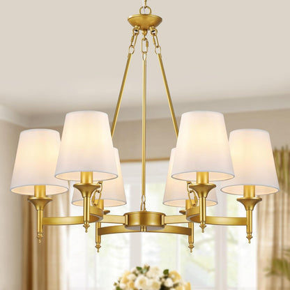 Gold Chandelier with White Shades, 6-Light Modern Farmhouse Chandeliers for Dining Room, Rustic round Hanging Light Fixture for Kitchen Island Bedroom Office Living Room Entryway1