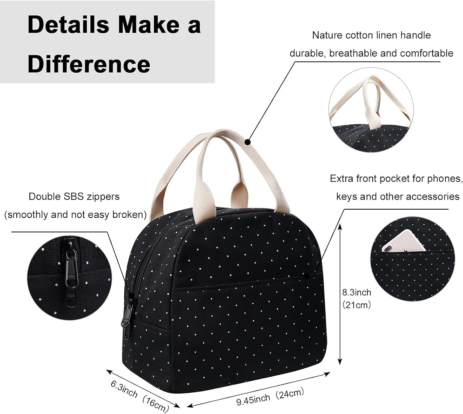 upgraded-compact-black-lunch-bag-for-girls-women-canvas-reusable-insulated-polka-dot-lunch-tote-box-bag-for-work-school
