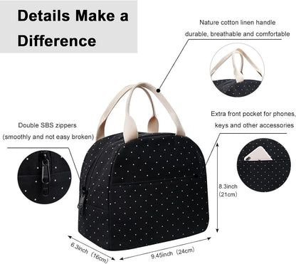 Upgraded Compact Black Lunch Bag for Girls Women,Canvas Reusable Insulated Polka Dot Lunch Tote Box Bag for Work School2