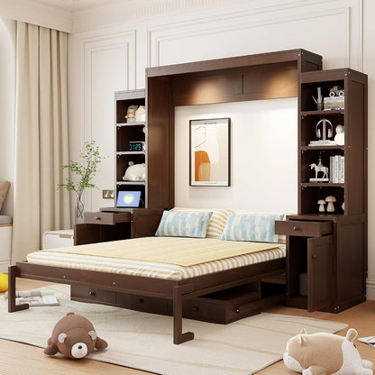 Queen Size Murphy Bed with 2 LED Lights,Desk & Storage, Space-Saving Wood Wall Bed with Cabinets & Drawers, Dark Brown2