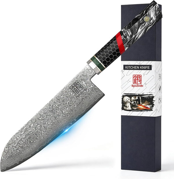 Damascus Santoku Knife - 7 Inch 67 Layers Damascus Chef Knife with Octagonal Resin Handle, Professional Japanese Knife for Meat, Fish & Vegetable Cutting, Razor Sharp Cooking Knives for Gift Idea1