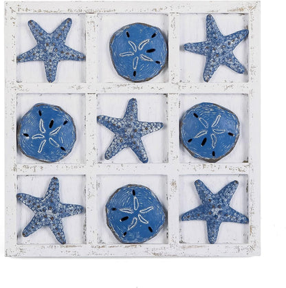 Beach Decor Tic Tac Toe 5 Sand Dollars & 5 Starfish Pieces Wood Board Travel Game for Coastal House Coffee Table Decor, Blue1