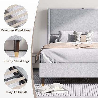 Queen Bed Frame with Upholstered Linen Headboard, Platform Bed with USB Charging Ports, Sturdy Metal Frame, No Box Spring Required, Quiet Noise-Free Modern Bedroom Furniture, Grey5