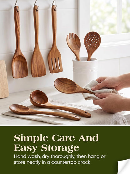 Teak Wood 8-Piece Wooden Kitchen Utensils Set, Wooden Spoons for Cooking, Smooth Wood Spatula Set for Nonstick Cookware, Daily Cooking, Housewarming Gift9