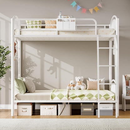 Metal Bunk Bed Twin over Twin with Storage Bag, 2 Twin Size Beds with Safety Guard Rails and Anti-Tip Nails for Teenager,Girls or Boys （White）3