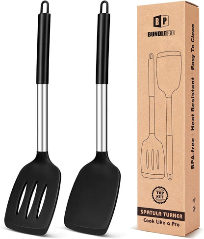 Pack of 2 Silicone Solid Turner, Non Stick Slotted Kitchen Spatulas, High Heat Resistant BPA Free Cooking Utensils, Ideal Cookware for Fish, Eggs, Pancakes(Black)1