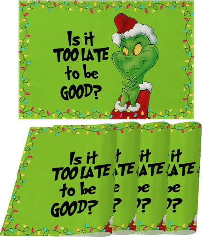 Linen Christmas Placemats Set of 4 Merry Christmas Table Mats Green Elf Winter Holiday Party Decorations for Home Kitchen Table Supply1
