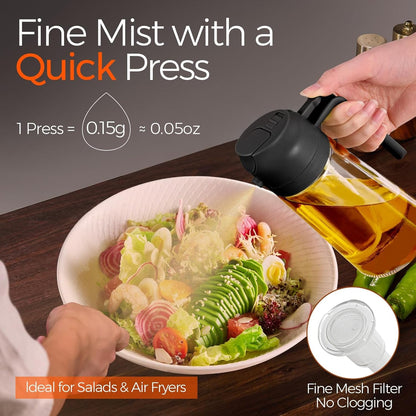 16 Oz 2-In-1 Glass Olive Oil Sprayer for Cooking, Black | Food-Grade Dispenser Bottle, 470 Ml, Spray and Pour, Portion Control, Stickers Included, for Salad, Frying and BBQ3