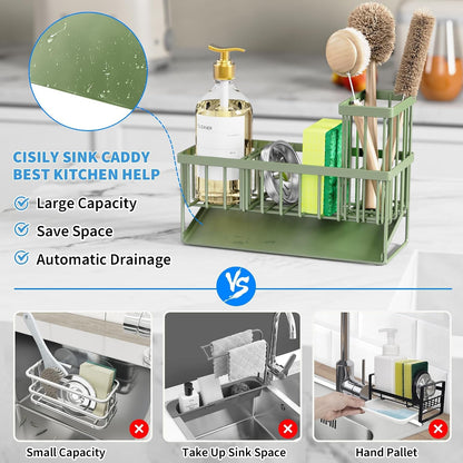 Kitchen Sink Caddy, Sponge Holder for Kitchen Sink, Kitchen Sink Organzier and Storage with High Brush Holder, 304 Stainless Gadgets Sink Accessories, Organizadores De Cocina Sage Green2