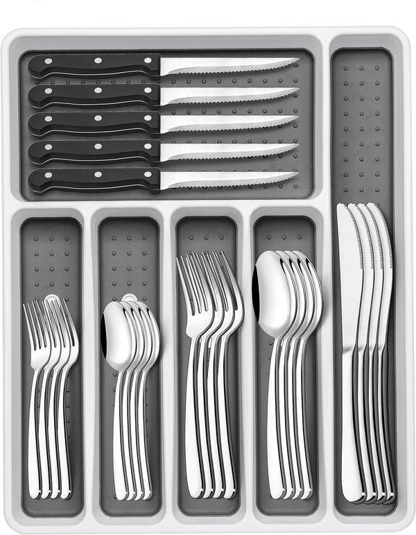 49-Piece Silverware Set with Organizer, Heavy Duty Stainless Steel Flatware Set for 8, Cutlery Utensil Sets with Steak Knives, Rust-Proof, Mirror Polished, Dishwasher Safe, Heavy Duty1