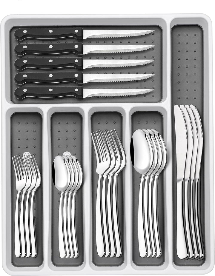 49-Piece Silverware Set with Organizer, Heavy Duty Stainless Steel Flatware Set for 8, Cutlery Utensil Sets with Steak Knives, Rust-Proof, Mirror Polished, Dishwasher Safe, Heavy Duty
