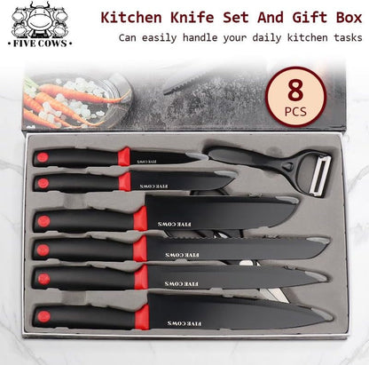 8-Piece Chef Knife Set - Ultra Sharp Premium German High Carbon Stainless Steel, Razor-Sharp & Durable, Lightweight Anti-Slip Handle, Professional Kitchen Knives with Gift Box (Red 8 Piece)7