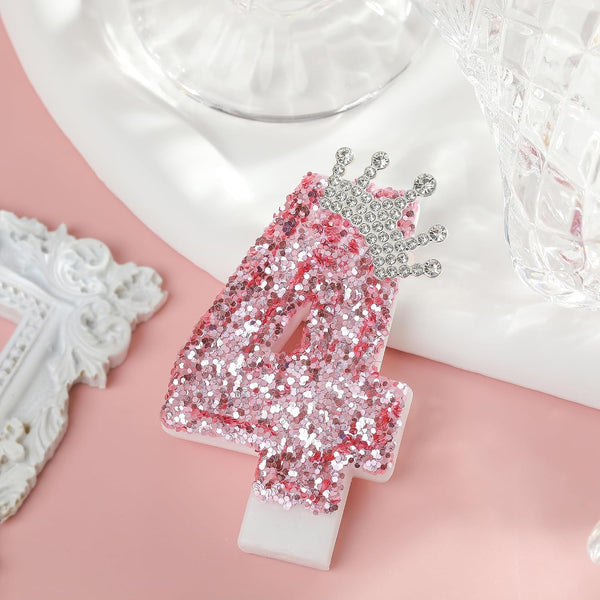 Birthday Number Candles,Pink Crown Birthday Candles for Cake,Glitter Number 4 Candle Cake Topper with Sequins for Girls,Women, Anniversary Celebrations Supplies2