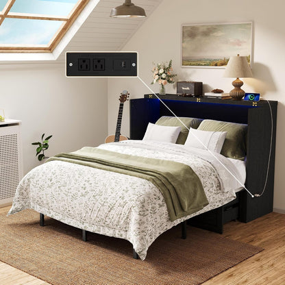 Queen Murphy Bed with Hidden Storage, Farmhouse Cabinet Bed with Storage Drawer, RGB LED Lights & Charging Station, Space-Saving Wall Bed with 6 Metal Legs, Black2