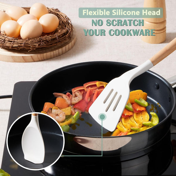 Silicone Cooking Utensils Set with Heat Resistant Wood Handle, 10PCS4