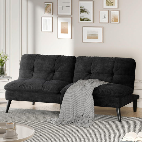 Futon Sofa Bed, Foldable Small Velvet Couch Bed with Adjustable Recliner, Space Saving 2 in 1 Sofa for Living Room, Apartment, or Guest Room, Black1