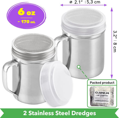 Powdered Sugar Shaker Duster - with Handle - Cinnamon Shaker for Coffee Bar - Fine Mesh Dredge - 6 Ounce, Pack of 2 | Style: Fine2
