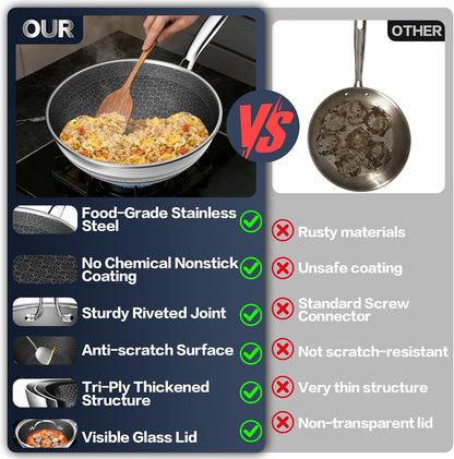Woks & Stir-Fry Pans Nonstick - Hybrid 304 Stainless Steel Wok 10.8" Non Stick Wok Pan with Lid for Induction, Electric, Gas, All Stoves, PFOA Free Cookware, Dishwasher and Oven Safe3