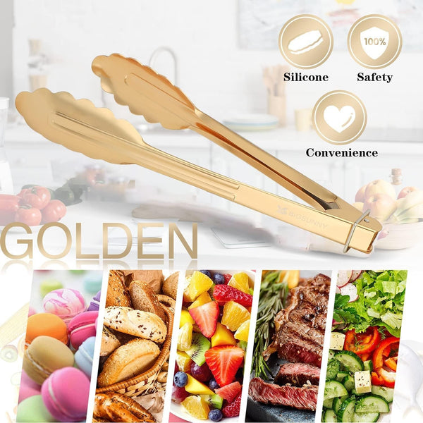 9 Inch Kitchen Food Tongs for Cooking and Serving- Aluminum - Set of 3 (Gold-Plated)6