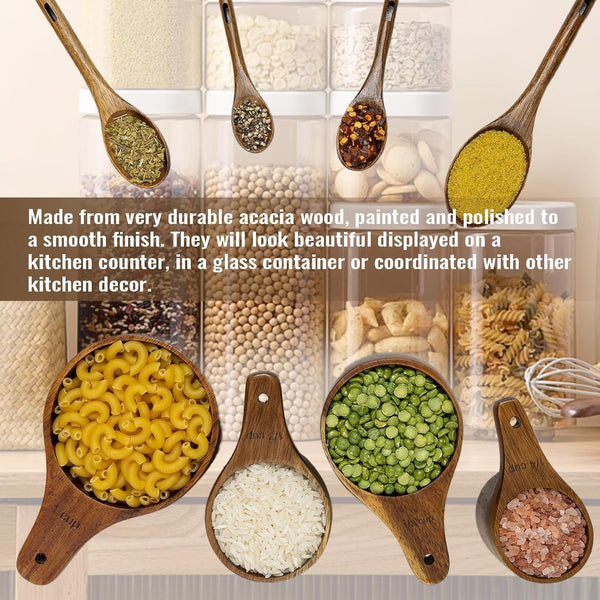 Wooden Measuring Cups and Spoons Set - Eco-Friendly Solid Acacia Wood, Laser Engraved Measurements, Perfect for Baking & Cooking - Ideal for Bakers, Chefs & Home Cooks（Brown）6