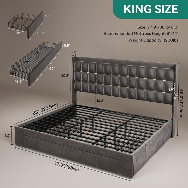 King Size Bed Frame with 3 Storage Drawers and RGB LED Lights+2
