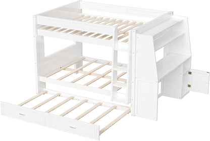 Bunk Bed Full over Full with Trundle,Desk and Bookshelve, White5