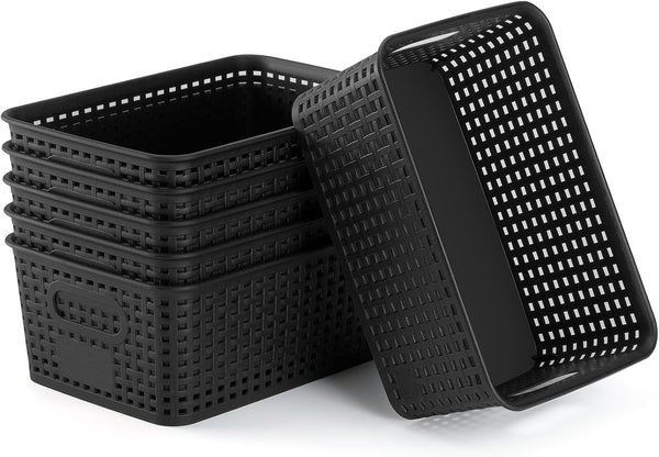 Plastic Storage Baskets 6 Pack Sturdy Storage Organizer Basket Woven Plastic Storage Bins for Shelves,Closet,Countertops, Desktops, Cabinets and Badrooms,Saving Storage, Stylish Design,Black1