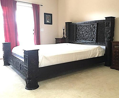 Carved Wooden Lotus Pillar Bed, Hand Crafted from Solid Mahogany Wood, Standard King1